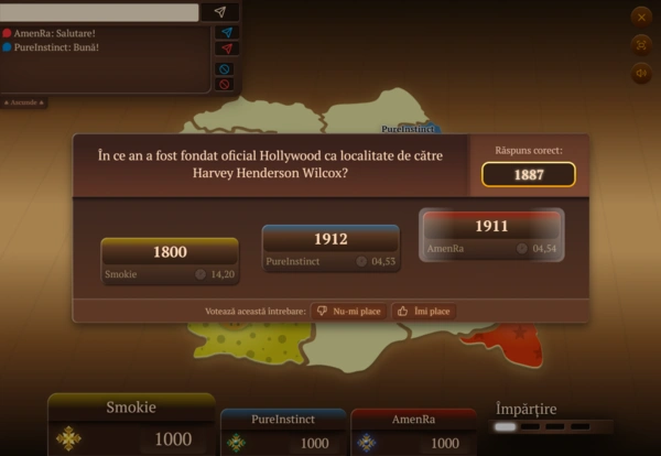 Întrebare rapidă cu tematică Hollywood într-o partidă ConQUIZtador2